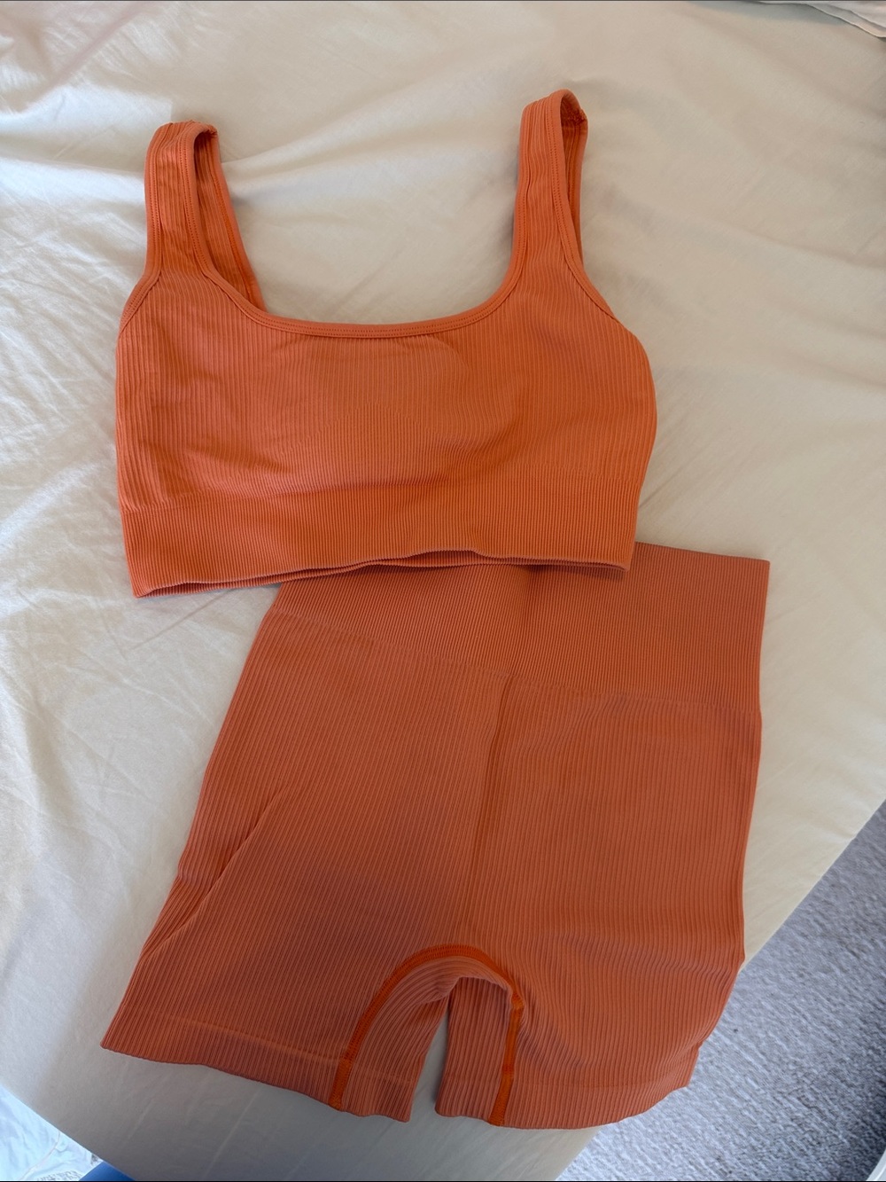 Ribbed Seamless Bra & High-Waist Biker Shorts Set - Orange